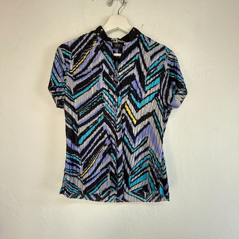 Jamie Sadock Womens Chevron Crinkle Short Sleeve Active Top Small Black NWOT